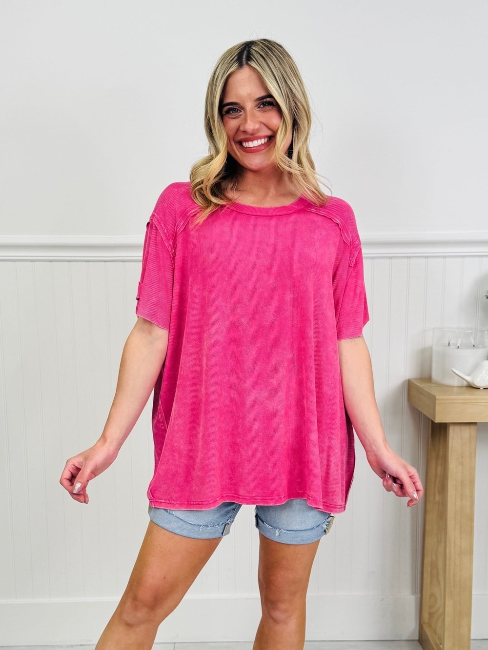 Zenana relaxed fit oversized ribbed short sleeve flowy top size s/m hot pink NIB
